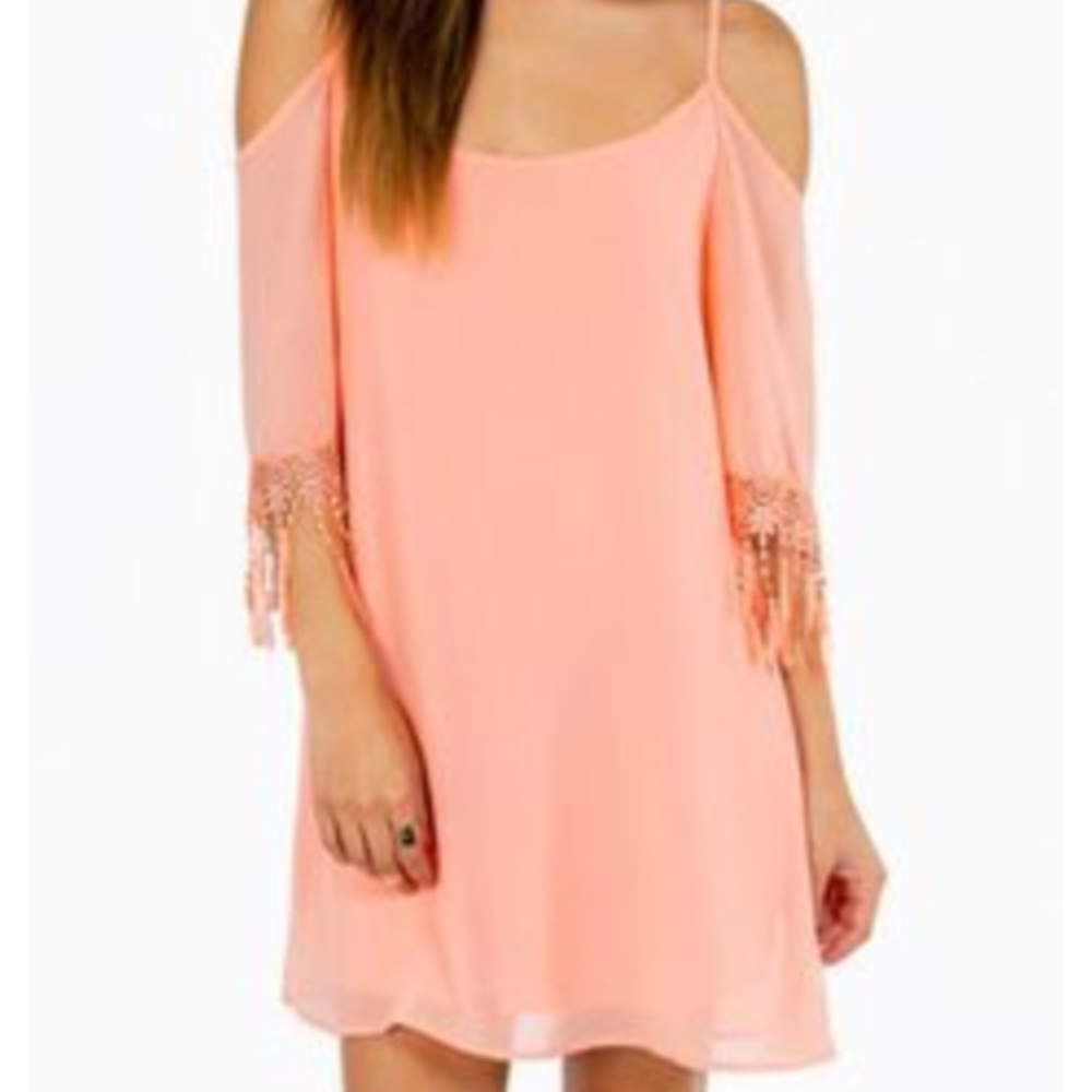 Open shoulder blush chiffon dress